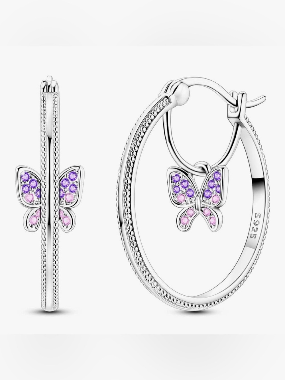 Sterling Silver Butterfly Hoop Earrings with Pink & Purple Stones